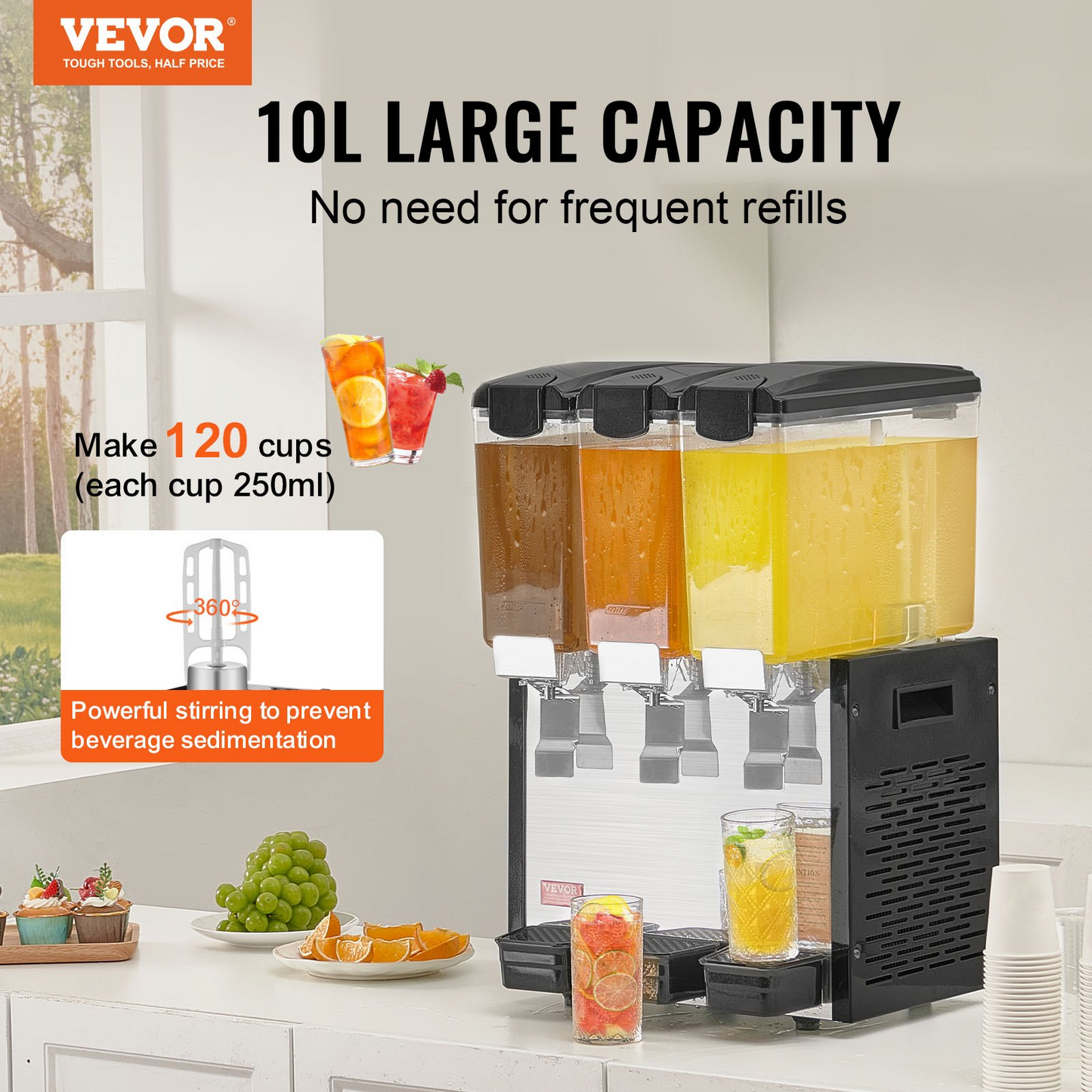 VEVOR Commercial Beverage Dispenser 10L x 3 Tanks Cold Juice Ice Drink Dispenser