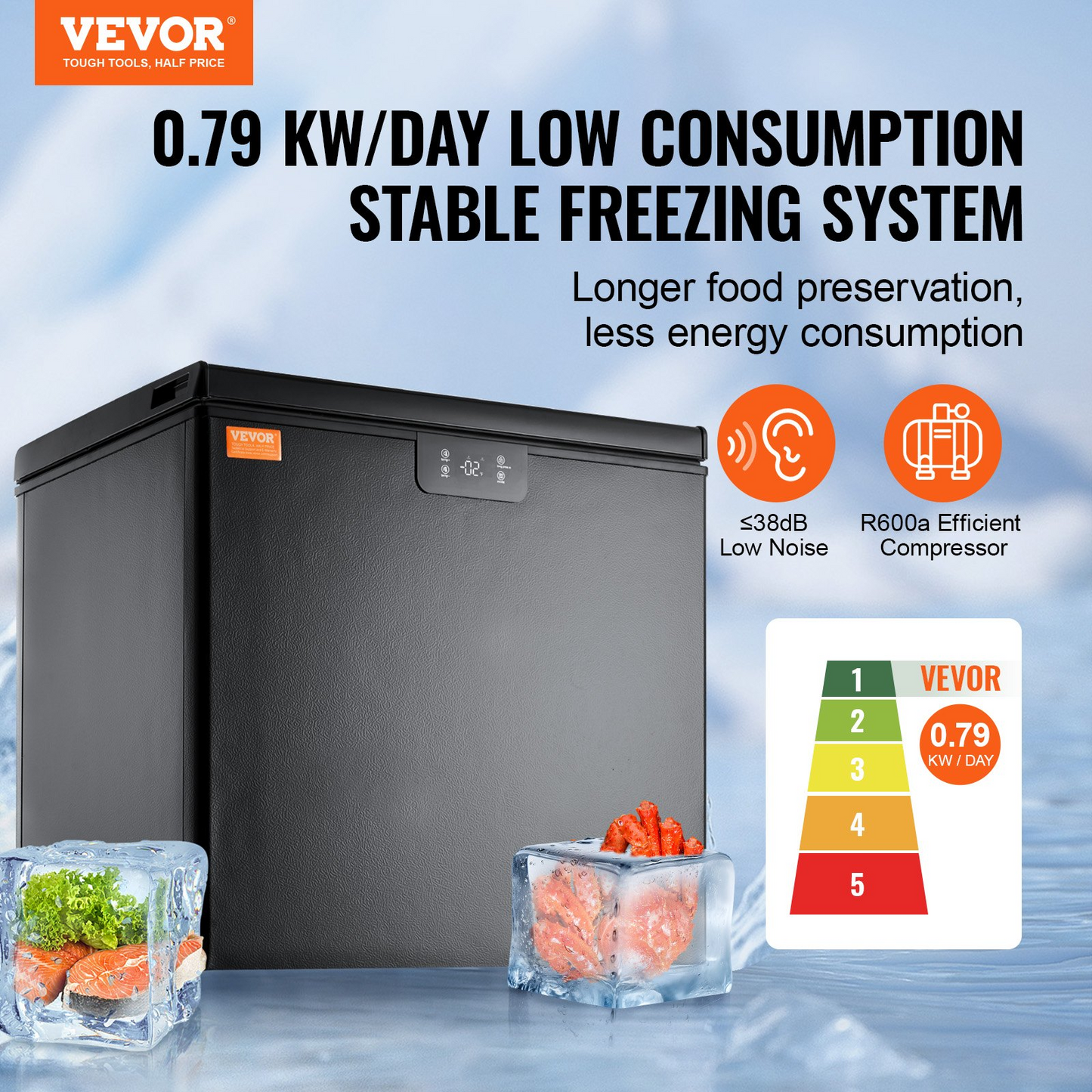 VEVOR Chest Freezer, 7 Cu.ft / 198 L Compact Deep Freezer, Free Standing Top Open Door Compact Freezers with 2 Removable Baskets & Adjustable Thermostat, Energy Saving & Low Noise, Black