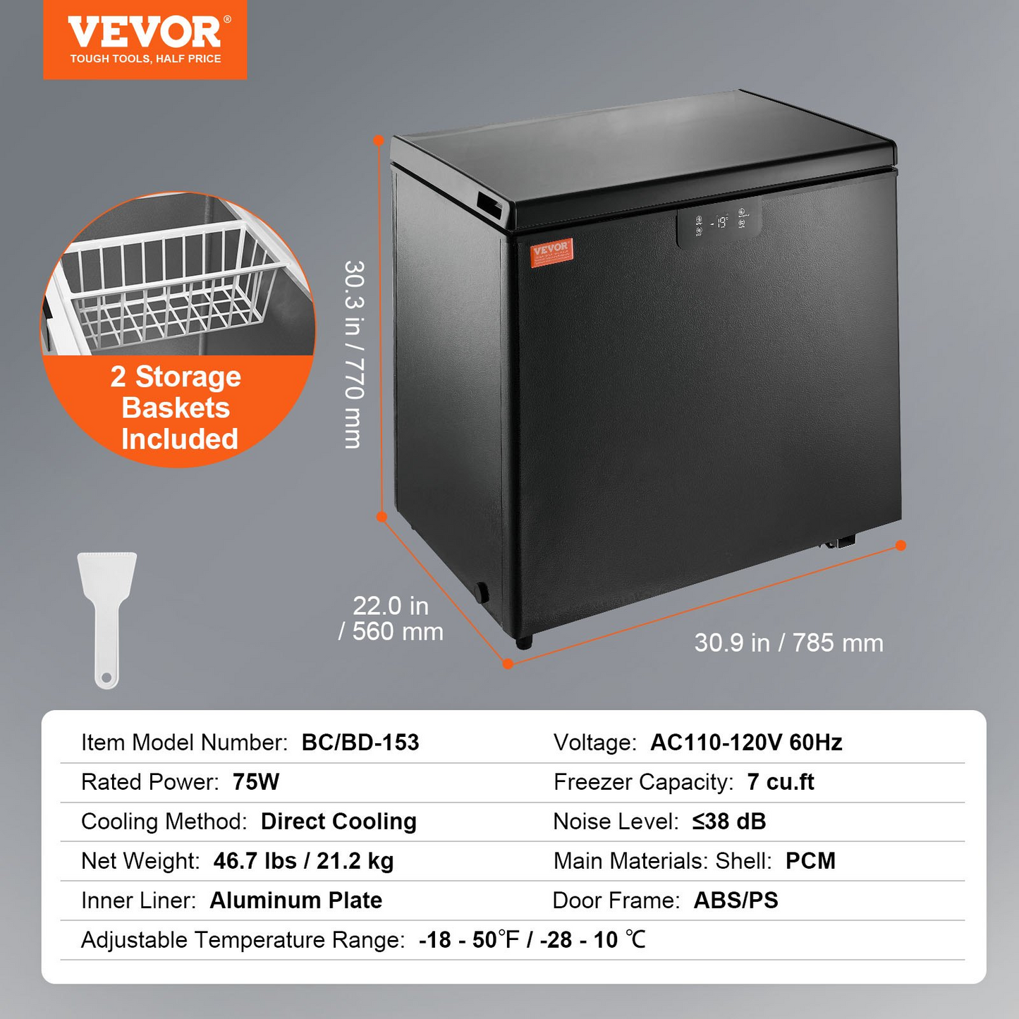 VEVOR Chest Freezer, 7 Cu.ft / 198 L Compact Deep Freezer, Free Standing Top Open Door Compact Freezers with 2 Removable Baskets & Adjustable Thermostat, Energy Saving & Low Noise, Black