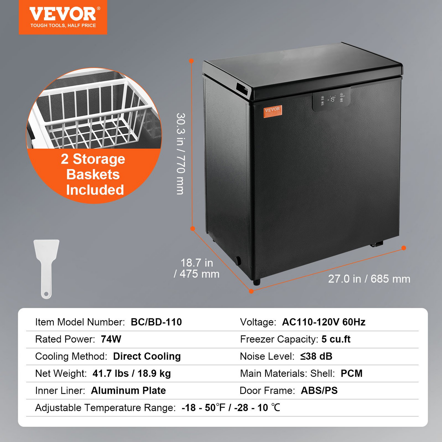 VEVOR Chest Freezer, 5 Cu.ft / 142 L Compact Deep Freezer, Free Standing Top Open Door Compact Freezers with 2 Removable Baskets & Adjustable Thermostat, Energy Saving & Low Noise, Black