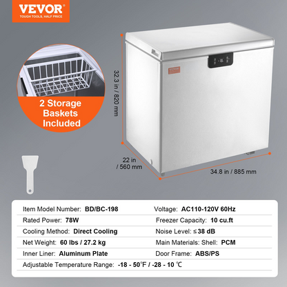 VEVOR Chest Freezer, 10 Cu.ft / 283 L Compact Deep Freezer, Free Standing Top Open Door Compact Freezers with 2 Removable Baskets & Adjustable Thermostat, Energy Saving & Low Noise, White