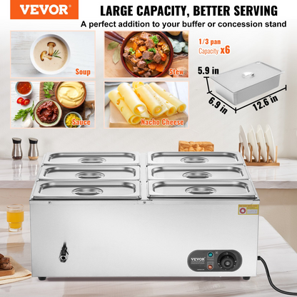 VEVOR Commercial Electric Food Warmer Countertop Buffet 6*5Qt Pan Bain Marie