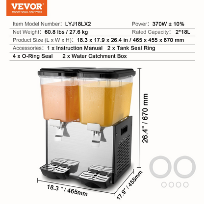 VEVOR Commercial Beverage Dispenser 18L x 2 Tanks Cold Juice Ice Drink Dispenser