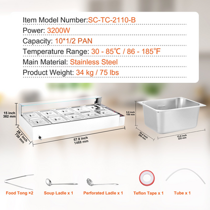 VEVOR Commercial Electric Food Warmer Countertop Buffet 10*8Qt with Glass Shield