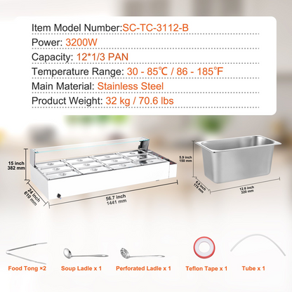 VEVOR Commercial Electric Food Warmer Countertop Buffet 12*5Qt with Glass Shield