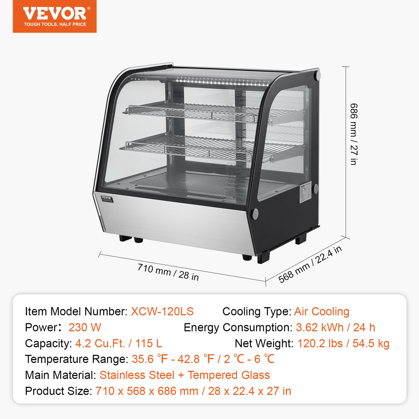 VEVOR Refrigerated Display Case Bakery Display Fridge Case 4.2 cu ft/115L 2-Tier