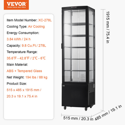 VEVOR Refrigerated Display Case Bakery Display Fridge Case 9.8 cu ft/278L 5-Tier