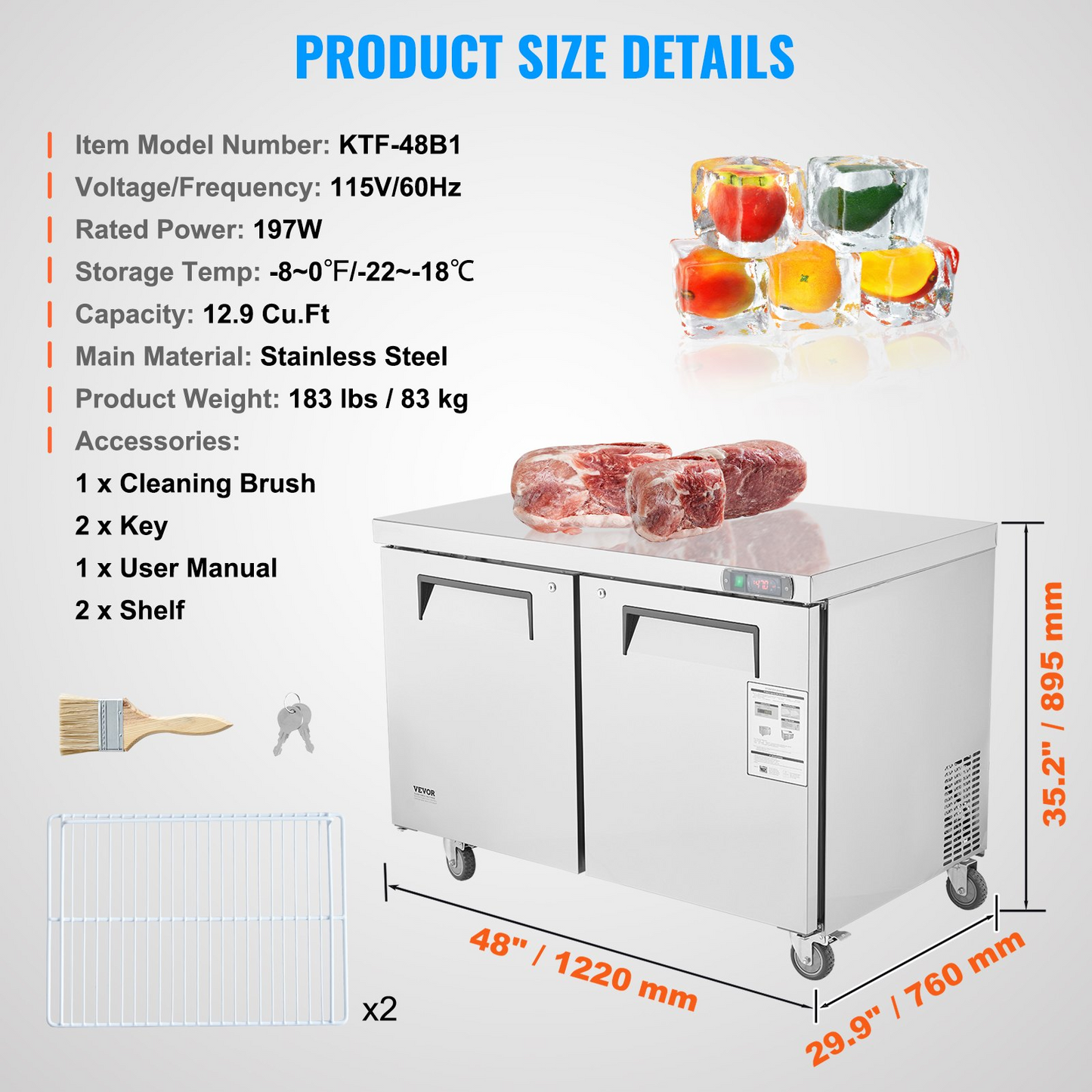 VEVOR 48" Commercial Frozen Refrigerator Sandwich & Salad Prep Table 12.9 Cu. Ft