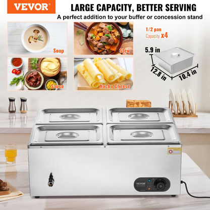 VEVOR 4-Pan Commercial Food Warmer, 4 x 12QT Electric Steam Table, 1500W Professional Countertop Stainless Steel Buffet Bain Marie with 86-185°F Temp Control for Catering and Restaurants, Silver