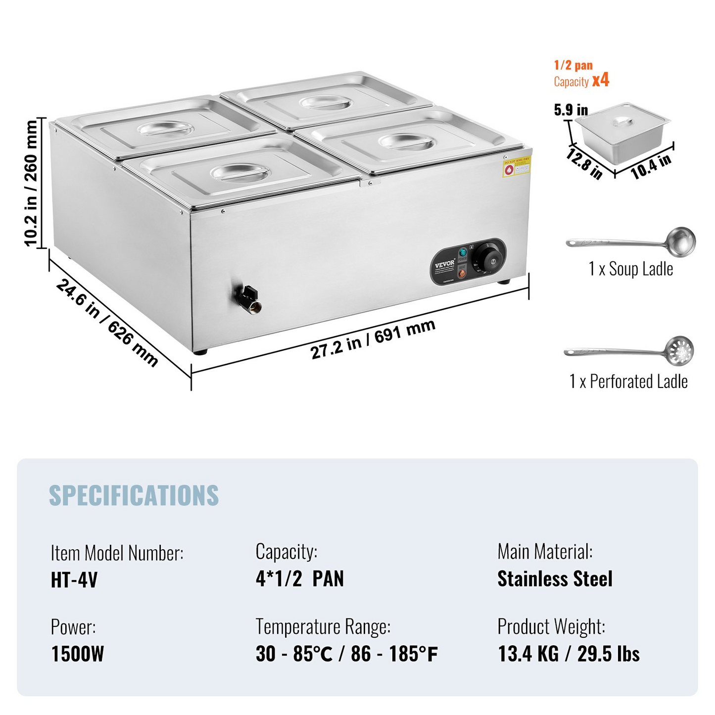 VEVOR 4-Pan Commercial Food Warmer, 4 x 12QT Electric Steam Table, 1500W Professional Countertop Stainless Steel Buffet Bain Marie with 86-185°F Temp Control for Catering and Restaurants, Silver