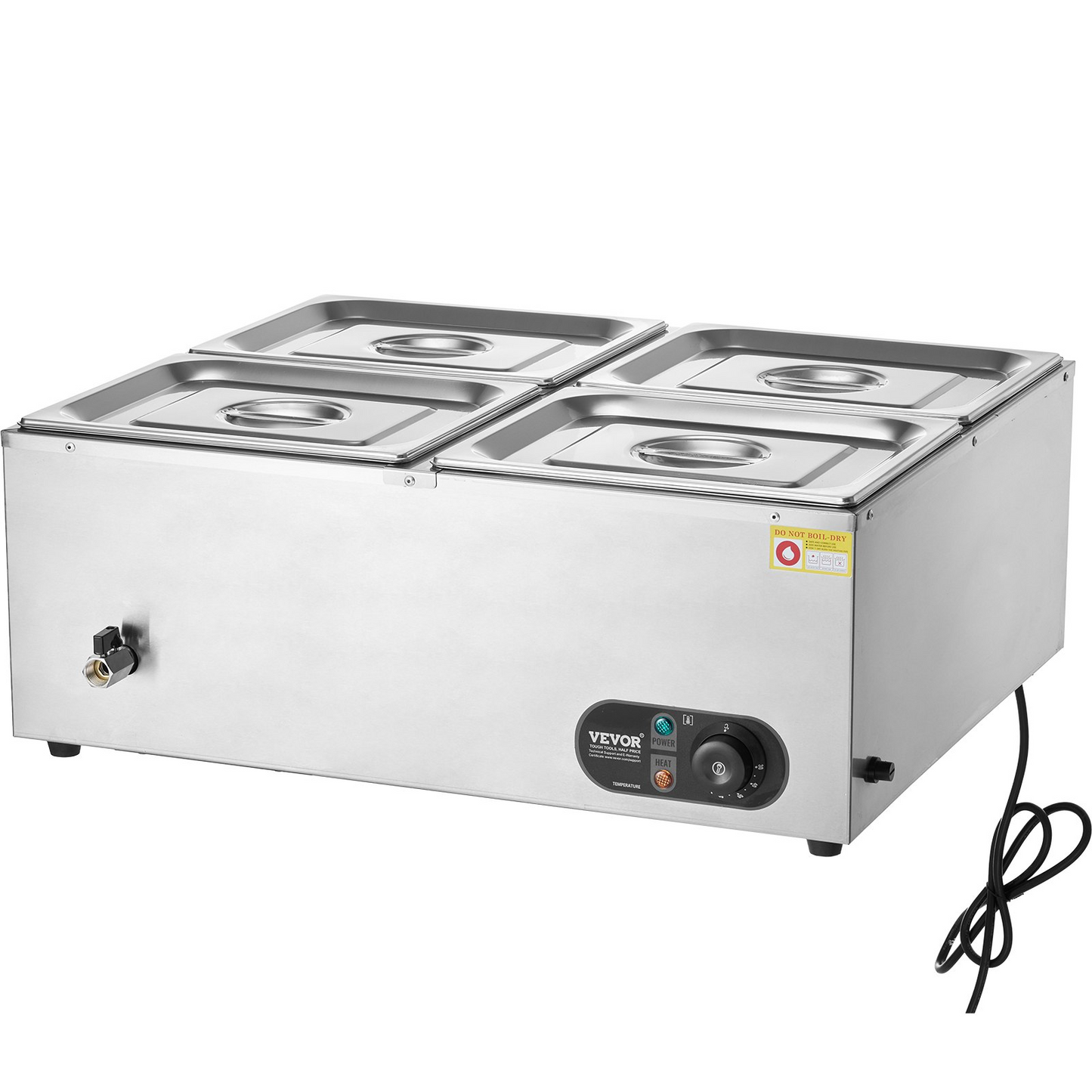 VEVOR 4-Pan Commercial Food Warmer, 4 x 12QT Electric Steam Table, 1500W Professional Countertop Stainless Steel Buffet Bain Marie with 86-185°F Temp Control for Catering and Restaurants, Silver