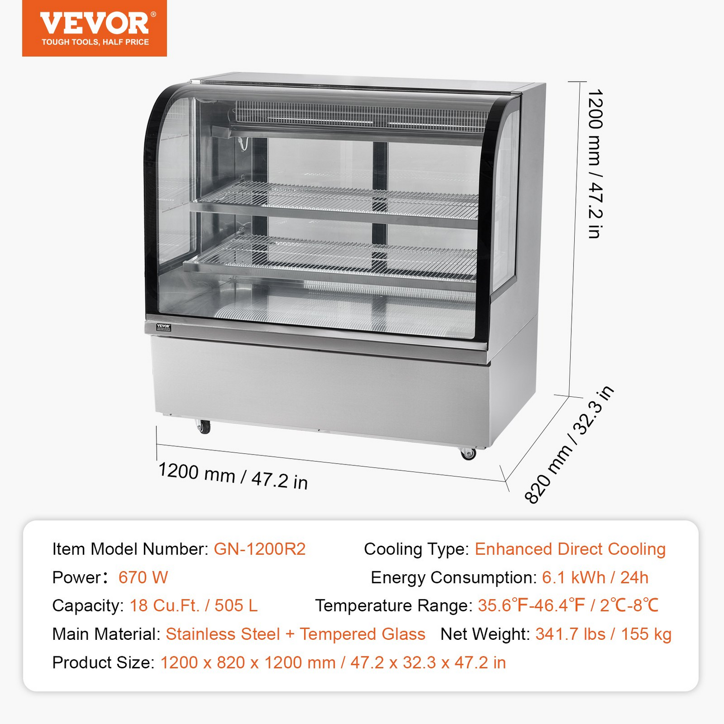 VEVOR Refrigerated Display Case Bakery Display Fridge Case 18 cu ft/505L 2-Tier