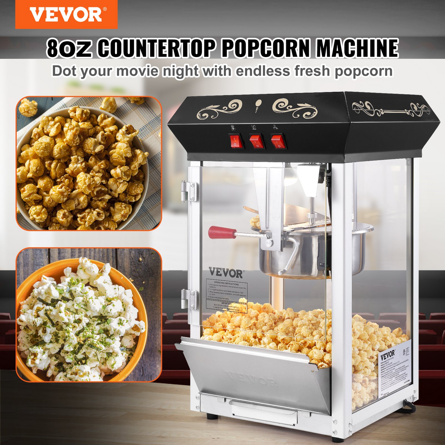 Popcorn Popper Machine Countertop Popcorn Maker 850W 8 Oz 48 Cups Black