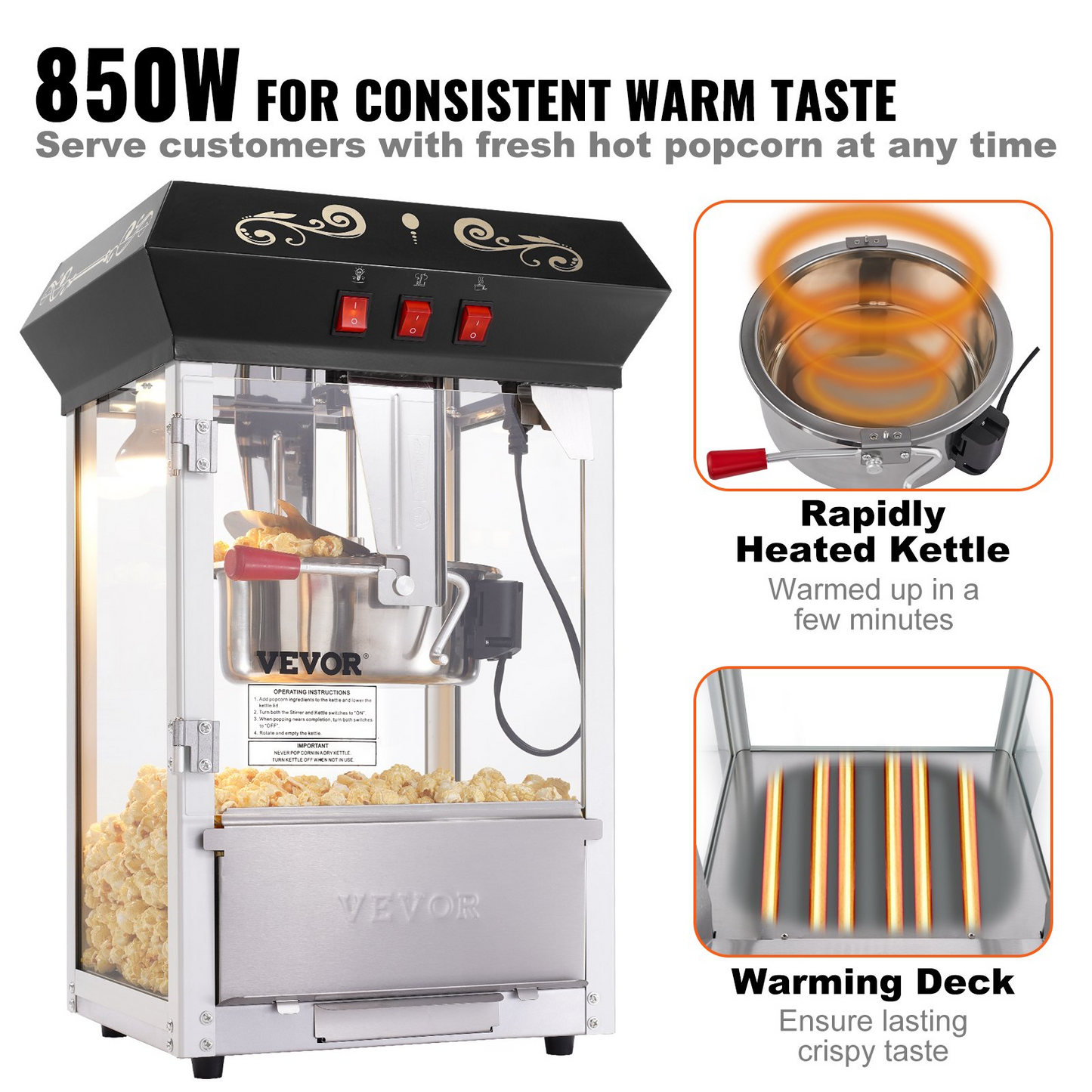 Popcorn Popper Machine Countertop Popcorn Maker 850W 8 Oz 48 Cups Black