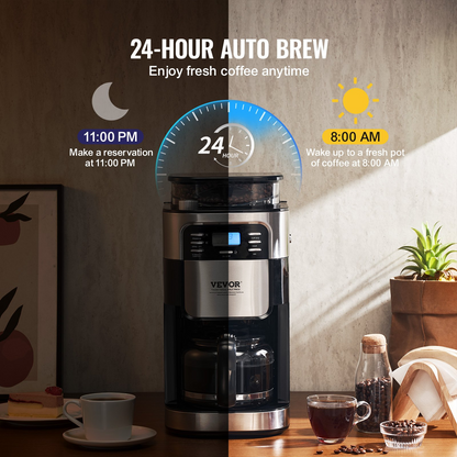 VEVOR 12-Cup Coffee Maker Drip Coffee Machine with 24-Hour Timer for Auto Brew