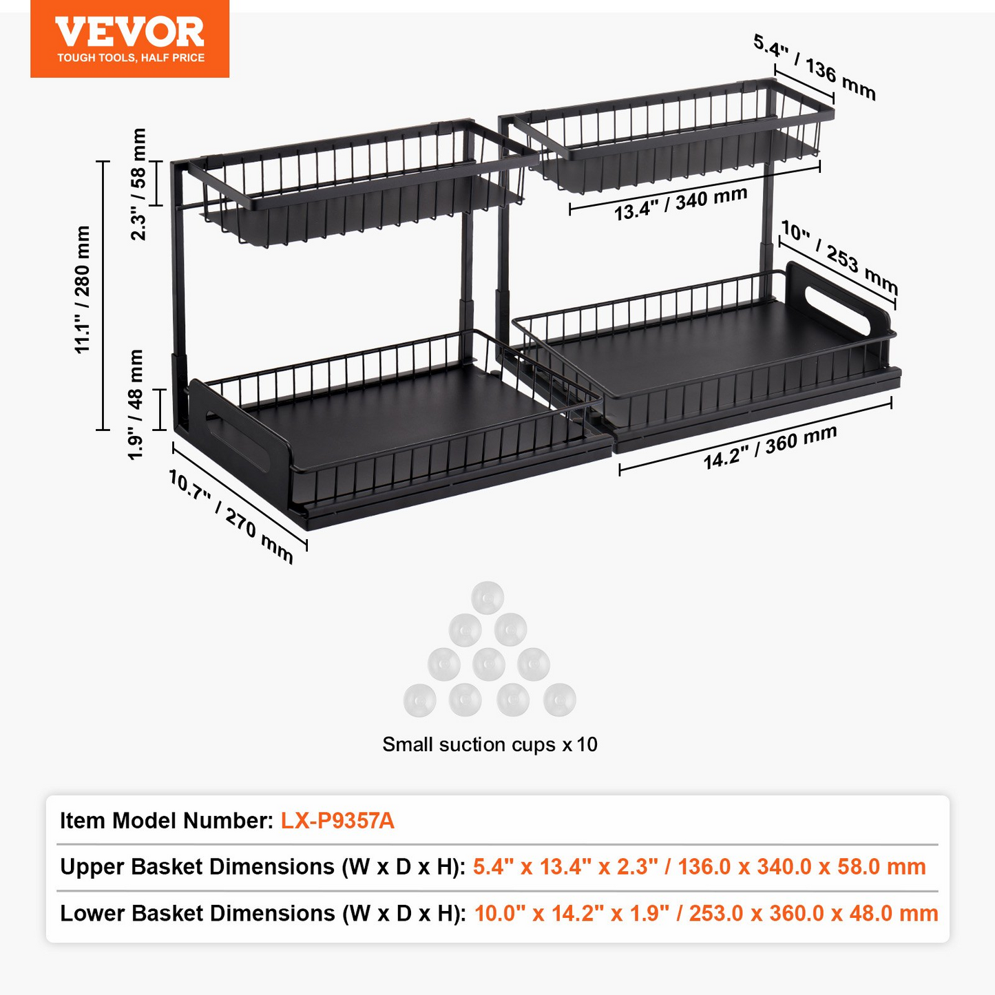 2-Tier Wire Pull Out Cabinet Under Sink Organizer 10.7"x14.2" Drawer Basket 2PCS