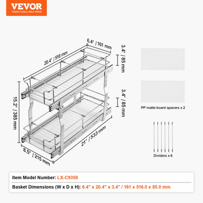 2-Tier Wire Pull Out Cabinet Under Sink Organizer 8.5x21 Inch Drawer Basket