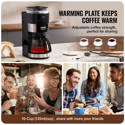 VEVOR 10-Cup Coffee Maker Drip Coffee Machine with 3 Brew Strength Control