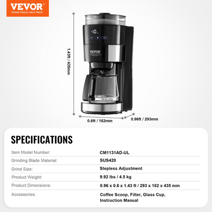 VEVOR 10-Cup Coffee Maker Drip Coffee Machine with 3 Brew Strength Control