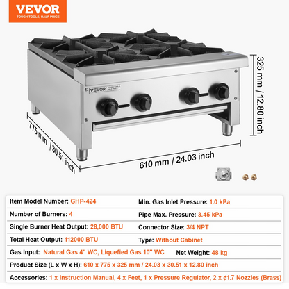 VEVOR Commercial Gas Range Stove 4 Burners Countertop Cooking Hot Plate Kitchen