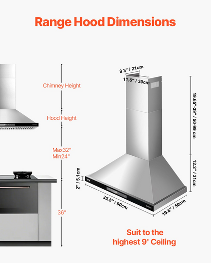 VEVOR 36" Wall Mount Range Hood Ceiling Mount Vent 800CFM Gesture & Touch Control