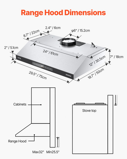 VEVOR 30" Under Cabinet Range Hood Vent Hood 900CFM Gesture & Touch Control
