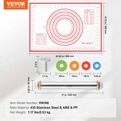 Adjustable Rolling Pin Stainless Steel with Thickness Rings and Baking Mat
