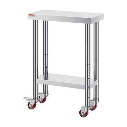 VEVOR Stainless Steel Work Table with Wheels 24 x 12 x 32 Inch Prep Table with 4 Casters Heavy Duty Work Table for Commercial Kitchen Restaurant Business