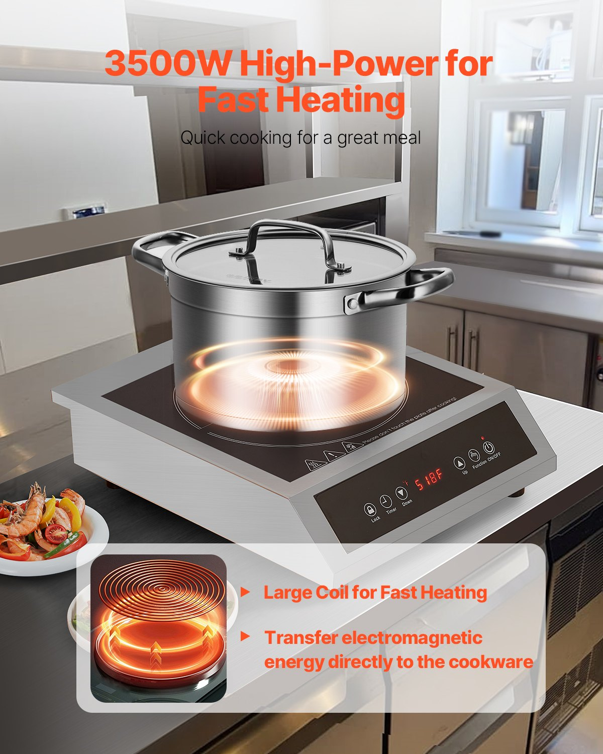 Portable Commercial Induction Cooktop 3500W Countertop Burner 11 Temp Levels