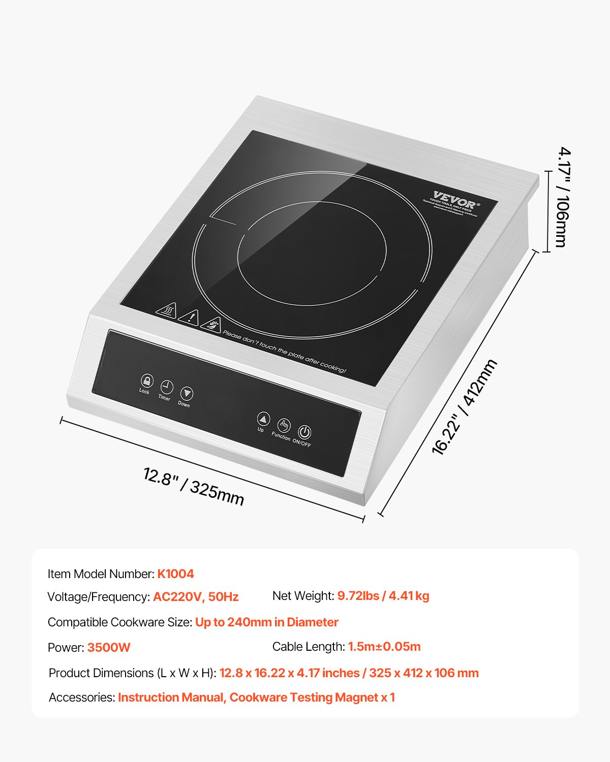 Portable Commercial Induction Cooktop 3500W Countertop Burner 11 Temp Levels