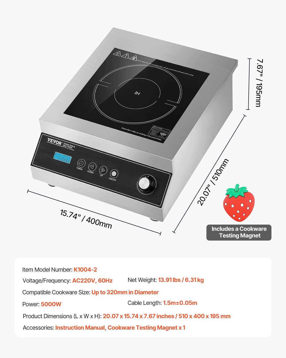 Portable Commercial Induction Cooktop 5000W Countertop Burner 16 Temp Levels