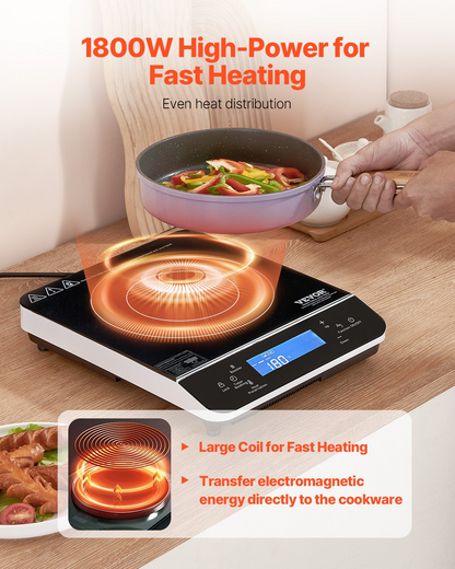 Portable Induction Cooktop 1800W Countertop Burner 9 Temp Levels Hot Plate