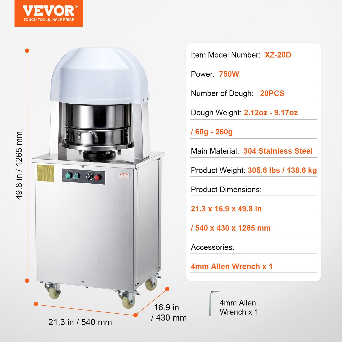 VEVOR Electric Dough Divider 20PCS Automatic Dough Cutter Bread Maker for Bakery