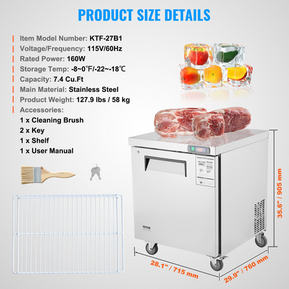 VEVOR 28" Commercial Frozen Refrigerator Sandwich & Salad Prep Table 7.4 Cu. Ft