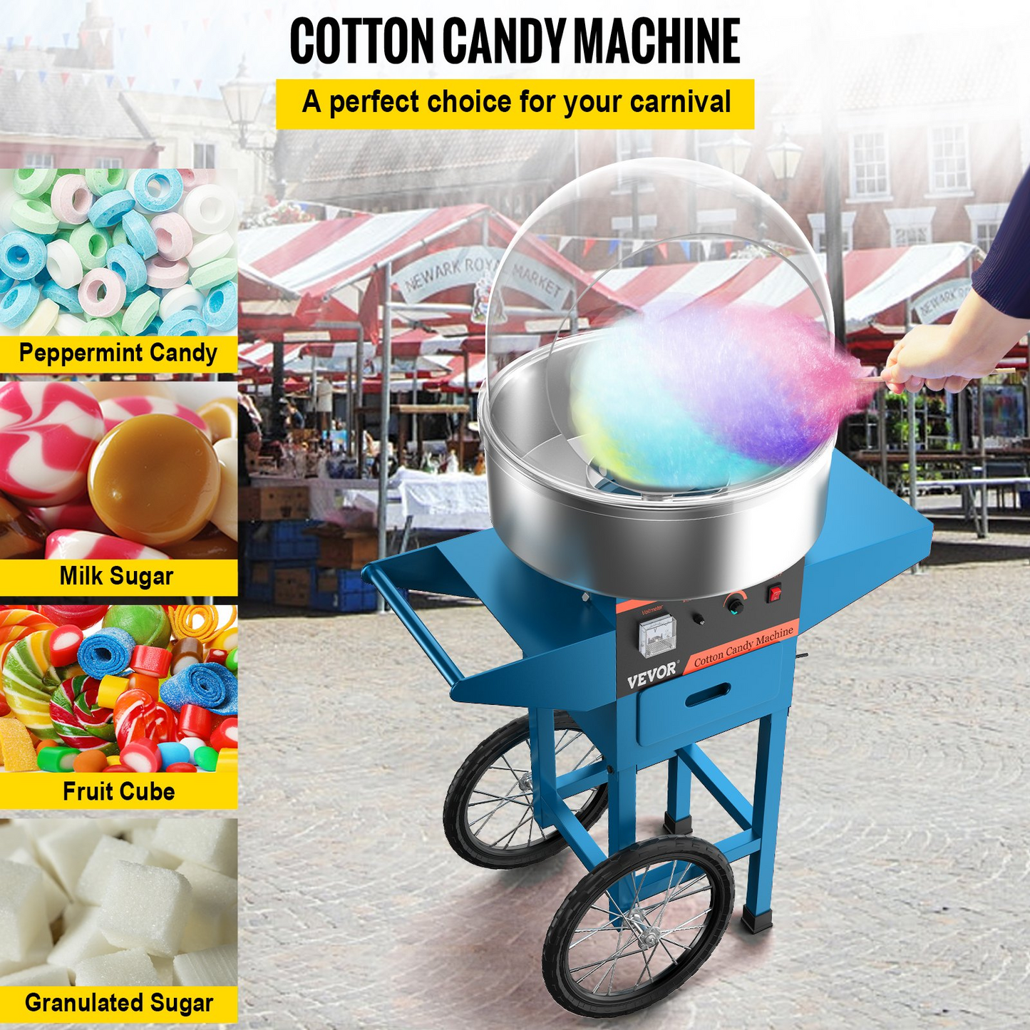 Vevor Commercial Cotton Candy Machine Blue Sugar Floss Maker With Cart Cover