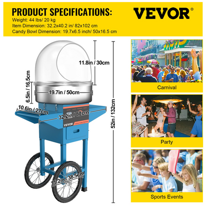 Vevor Commercial Cotton Candy Machine Blue Sugar Floss Maker With Cart Cover