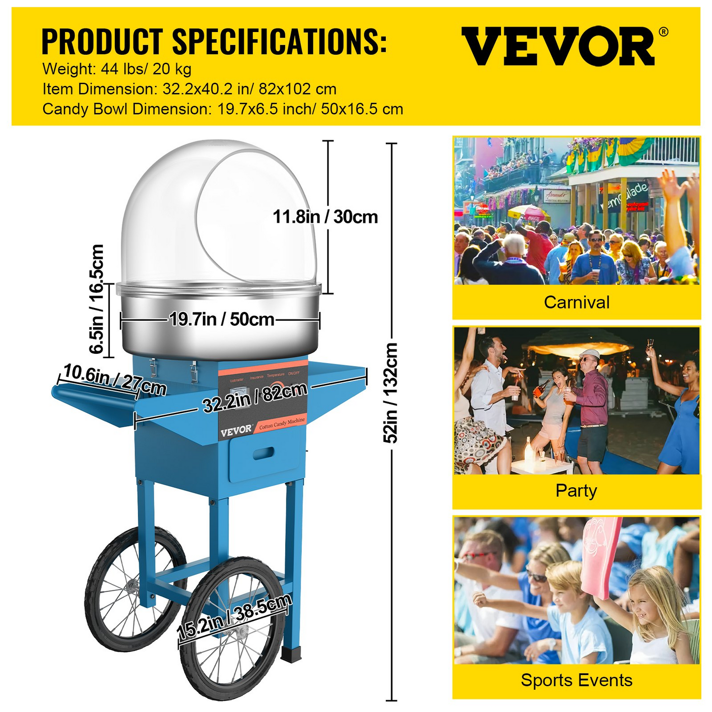 Vevor Commercial Cotton Candy Machine Blue Sugar Floss Maker With Cart Cover