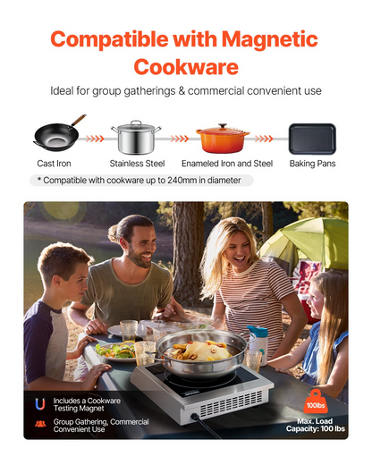 Portable Commercial Induction Cooktop 1800W Countertop Burner 9 Temp Levels