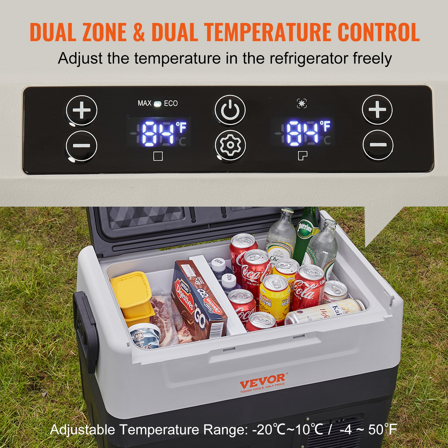 VEVOR Car Refrigerator, 12 Volt Car Refrigerator Fridge, 48 QT/45 L Dual Zone Portable Freezer, -4℉-50℉ Adjustable Range, 12/24V DC and 100-240V AC Compressor Cooler for Outdoor, Camping, Travel, RV