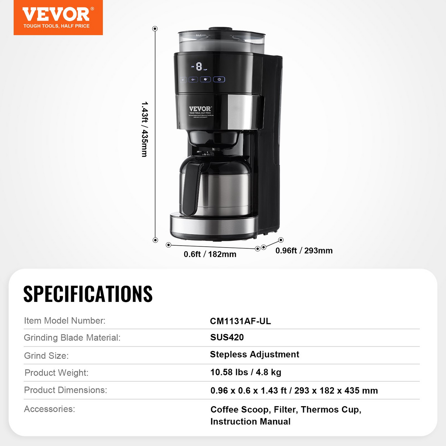 VEVOR 8-Cup Coffee Maker Drip Coffee Machine with 3 Brew Strength Control