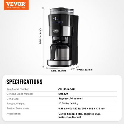 VEVOR 8-Cup Coffee Maker Drip Coffee Machine with 3 Brew Strength Control