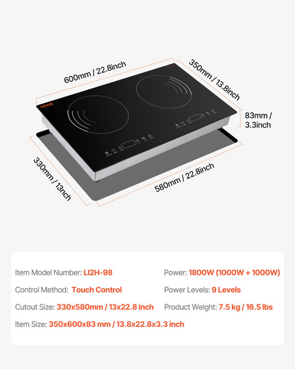 1800W 2 Burner Induction Cooktop Electric Countertop Burner Touch Control