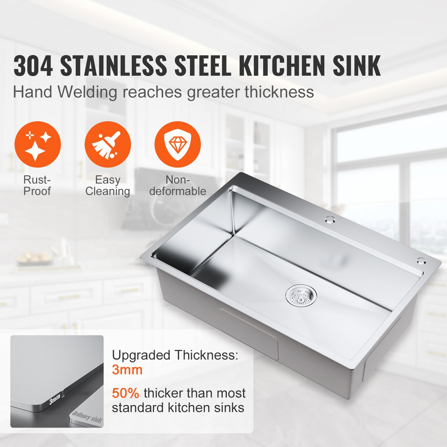 30" Kitchen Sink Top Mount Single Bowl Drop-In Basin Stainless Steel Bar