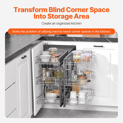 3 Tier 6 Shelf Blind Corner Pull Out Organizer Chrome Kitchen Cabinet Basket