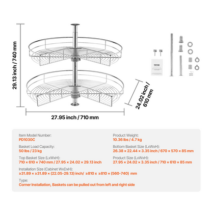 28" 2 Tier Kidney Shaped Chrome Corner Organizer Lazy Susan Cabinet Blind Corner