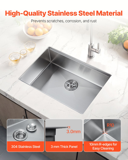 23" Kitchen Sink Undermount Single Bowl Drop-In Basin Stainless Steel Bar