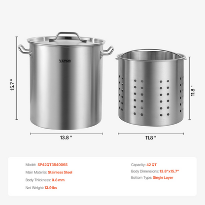 VEVOR Stainless Steel Stockpot, 42 Quart Large Cooking Pots, Cookware Sauce Pot with Strainer, Lid, and Handle, Heavy Duty Commercial Grade Stock Pot, Sanding Treatment, for Large Groups Events Silver