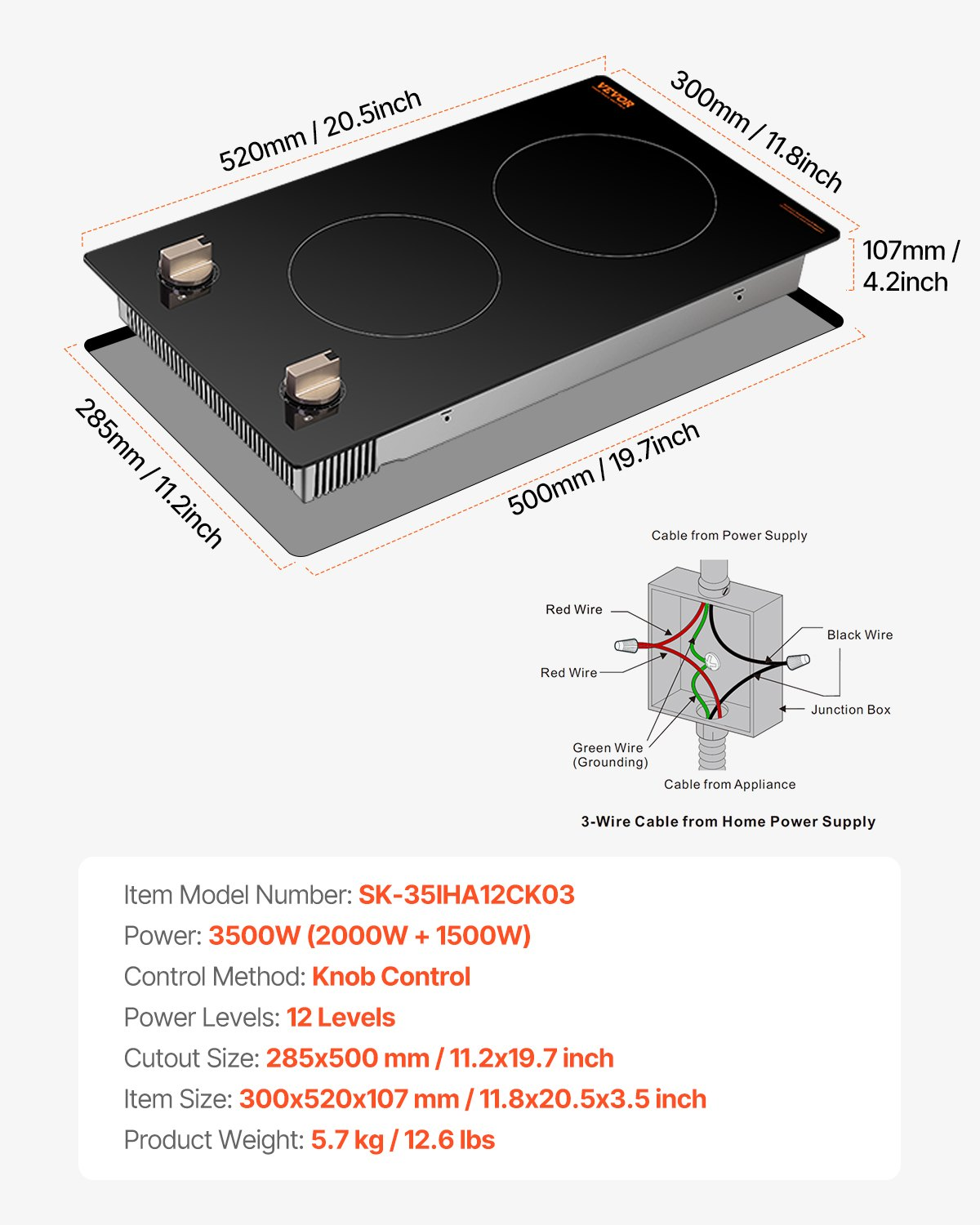 3500W 2 Burner Induction Cooktop Electric Countertop Burner Knob Control