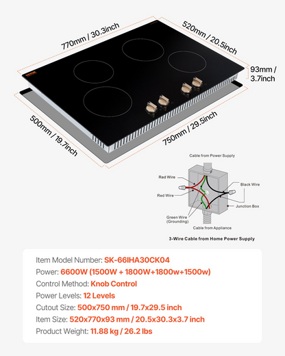 6600W 4 Burner Induction Cooktop Electric Countertop Burner Knob Control