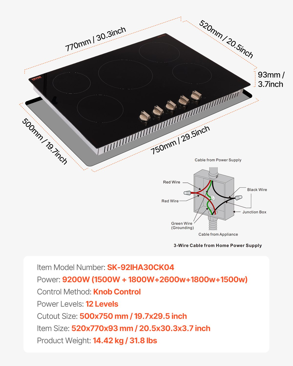 9200W 5 Burner Induction Cooktop Electric Countertop Burner Knob Control